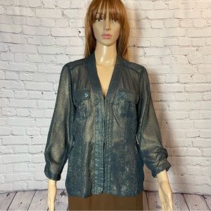 New Chico's Sheer Dark Green Metallic Lightweight Jacket Size 0 US S